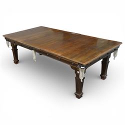 Riley - late 20th century Riley slate bed snooker table with dining table leaves, rectangular baize playing surface within a moulded hardwood frame with studded frieze rails and leather pocket mounts with net bags, raised on four square tapering fluted supports with block feet, with associated dining table leaves, with various cues, chalks, snooker and eight ball pools