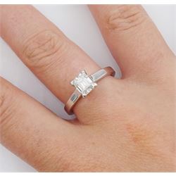 18ct white gold single stone emerald cut diamond ring, diamond 1.01 carat, with European Gemological Laboratory report