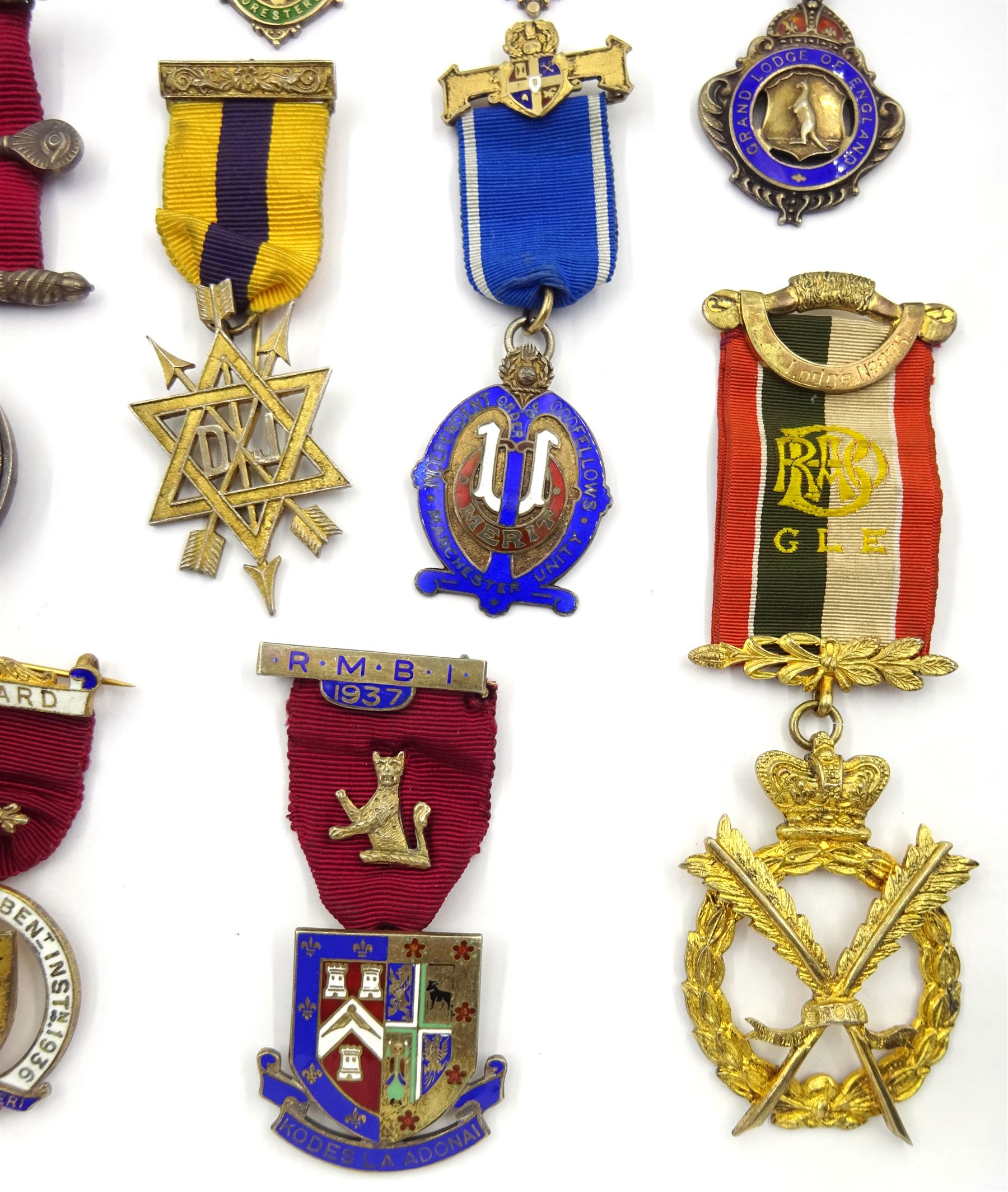 Thirteen Masonic and similar jewels / medals, mostly hallmarked including Royal Antediluvian Order of Buffalos jewel presented to 'Bro. D. WA. Gardiner. C.P. for services as Secretary1961-62', RMBI 1937 jewel etc (13)