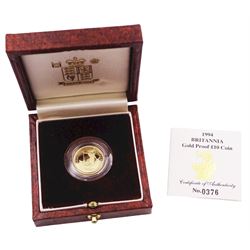 Queen Elizabeth II 1994 gold proof 1/10 ounce Britannia coin, cased with certificate