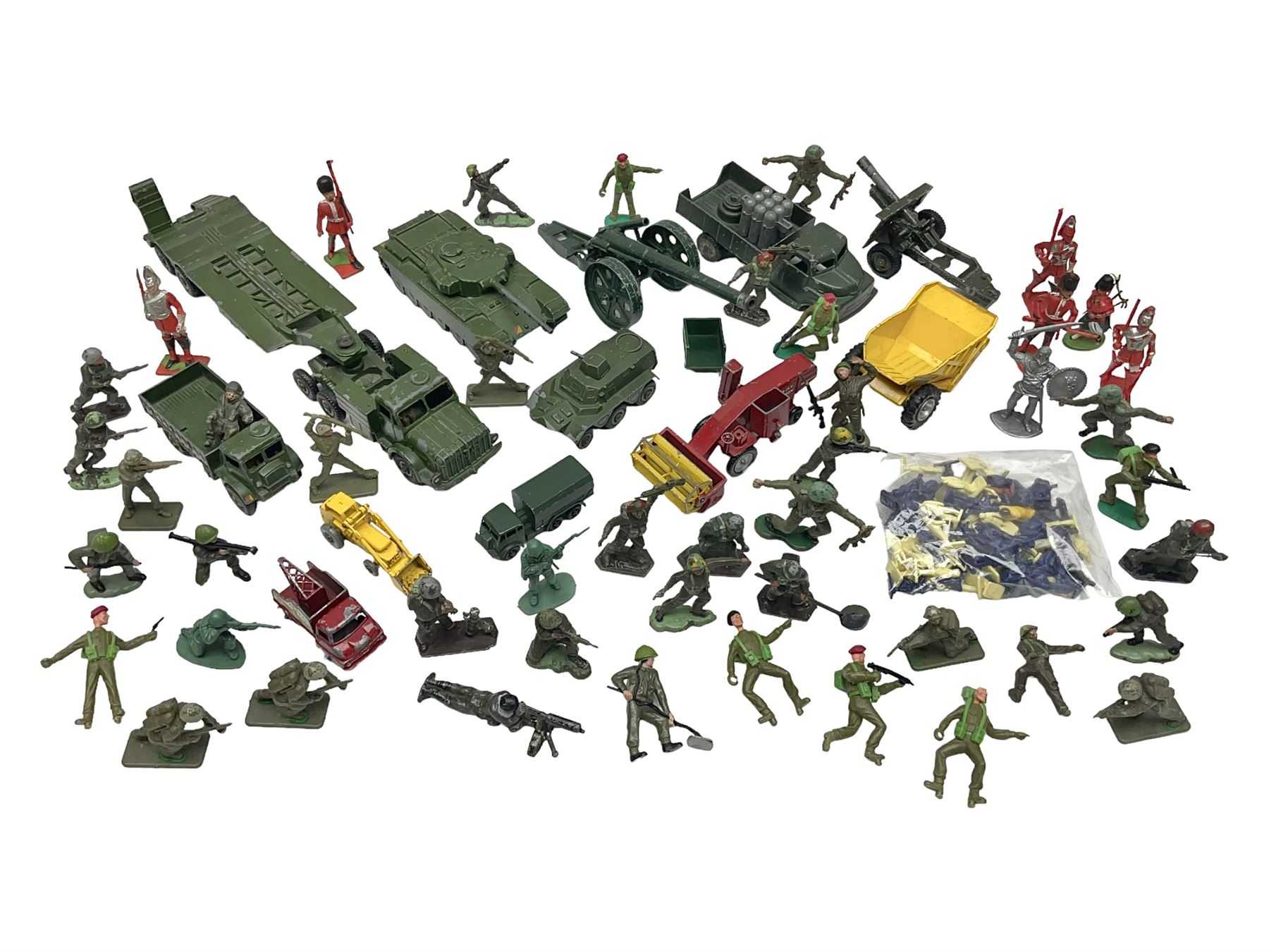 Various makers - unboxed and playworn die-cast models including Dinky Thornycroft Mighty Antar Tank Transporter No.660 and Centurion Tank No.651, other military and farm vehicles; and quantity of loose plastic soldiers and other figures by Crescent, Britains etc