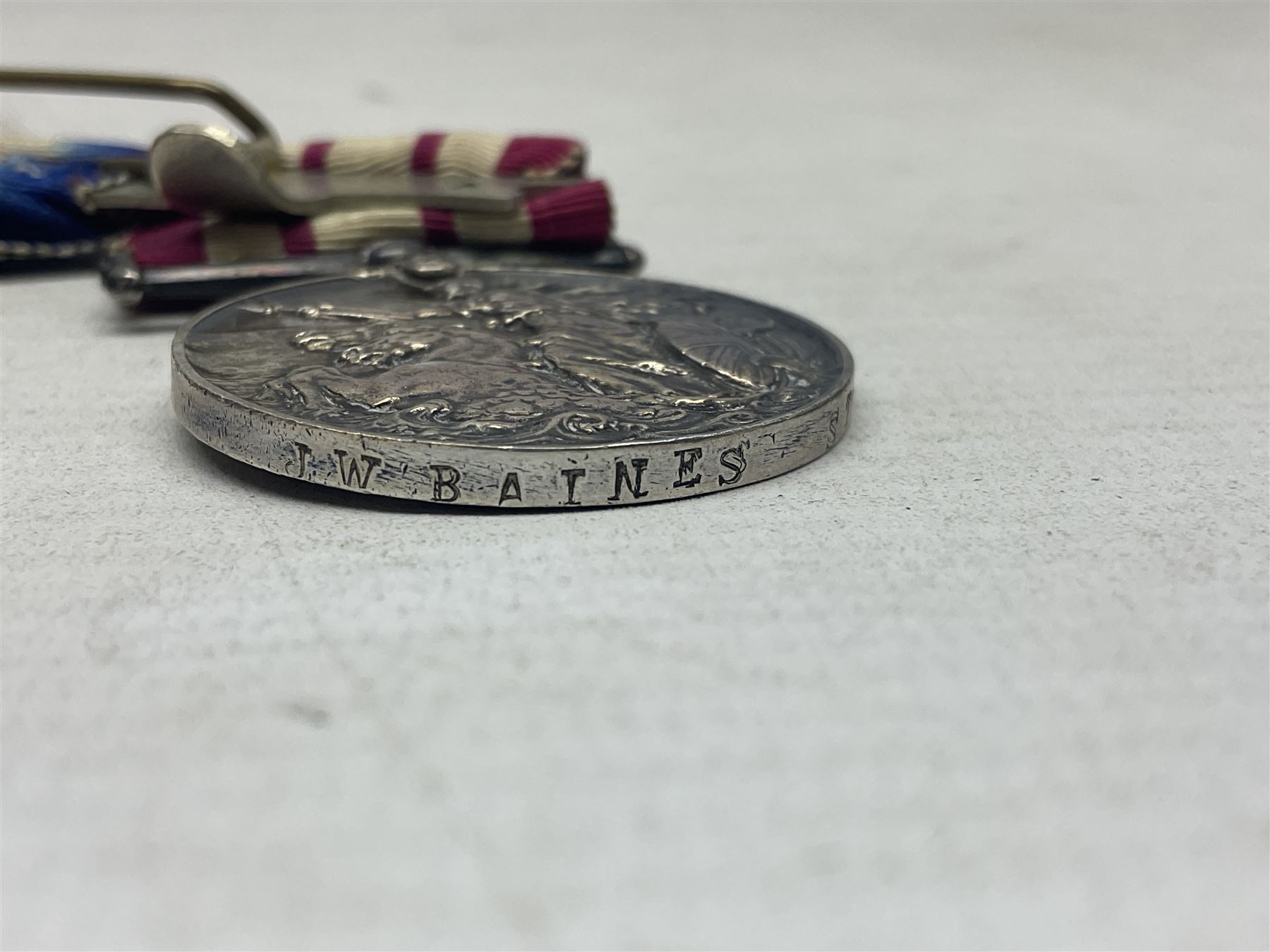 WW1 British Royal Navy Campaign and Royal Naval Fleet Reserve Long Service and Good Conduct group of five medals comprising British War Medal, 1914-15 Star and Victory Medal awarded to SS.113274 J.W. Baines Sto.1 R.N.; Naval general Service Medal to J.W. Baines Sto.1 N.B.; and Royal Fleet Reserve Long Service and Good Conduct Medal to SS.113274 (Dev. B.7397) J.W. Baines Sto.1 R.F.R.; all with ribbons