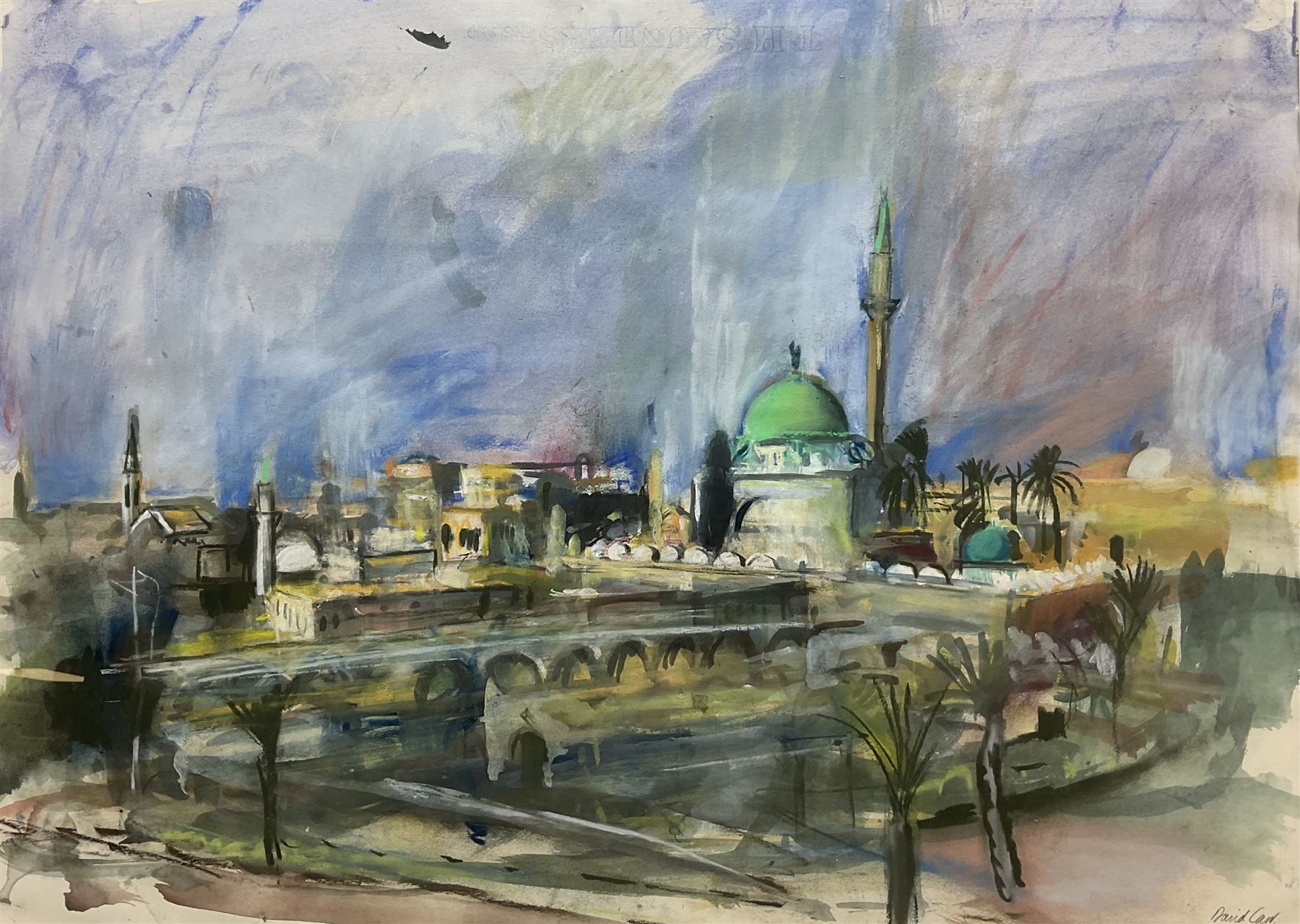 David James Carr (Northern British 1944-2009): Continental Bridge and Temple, watercolour and oil pastel on paper signed 54cm x 75.5cm 