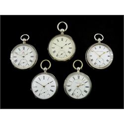Five 19th and early 20th century silver open face lever and cylinder pocket watches by H Samuel, Manchester, James Dowel, Carlisle and two unnamed, white enamel dials with Roman dial and subsidiary seconds dial, hallmarked or stamped (5)