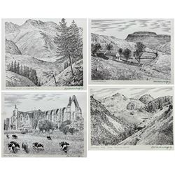 Alfred Wainwright MBE (British 1907-1991): 'Ingleborough' 'Bowfell - from Lingmoor Fell' 'Bolton Abbey' and 'Scafell Pike - from Throsle Garth', four monochrome prints each signed in pen by the artist max 18cm x 23cm (4)