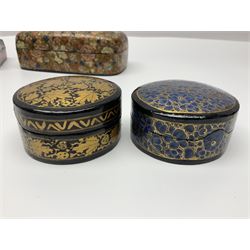 Nine lacquered boxes including circular and rectangular example with flower decoration, largest L18cm, D11cm