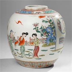 Chinese famille verte ginger jar, painted with figures in a garden setting, apocryphal Qia...