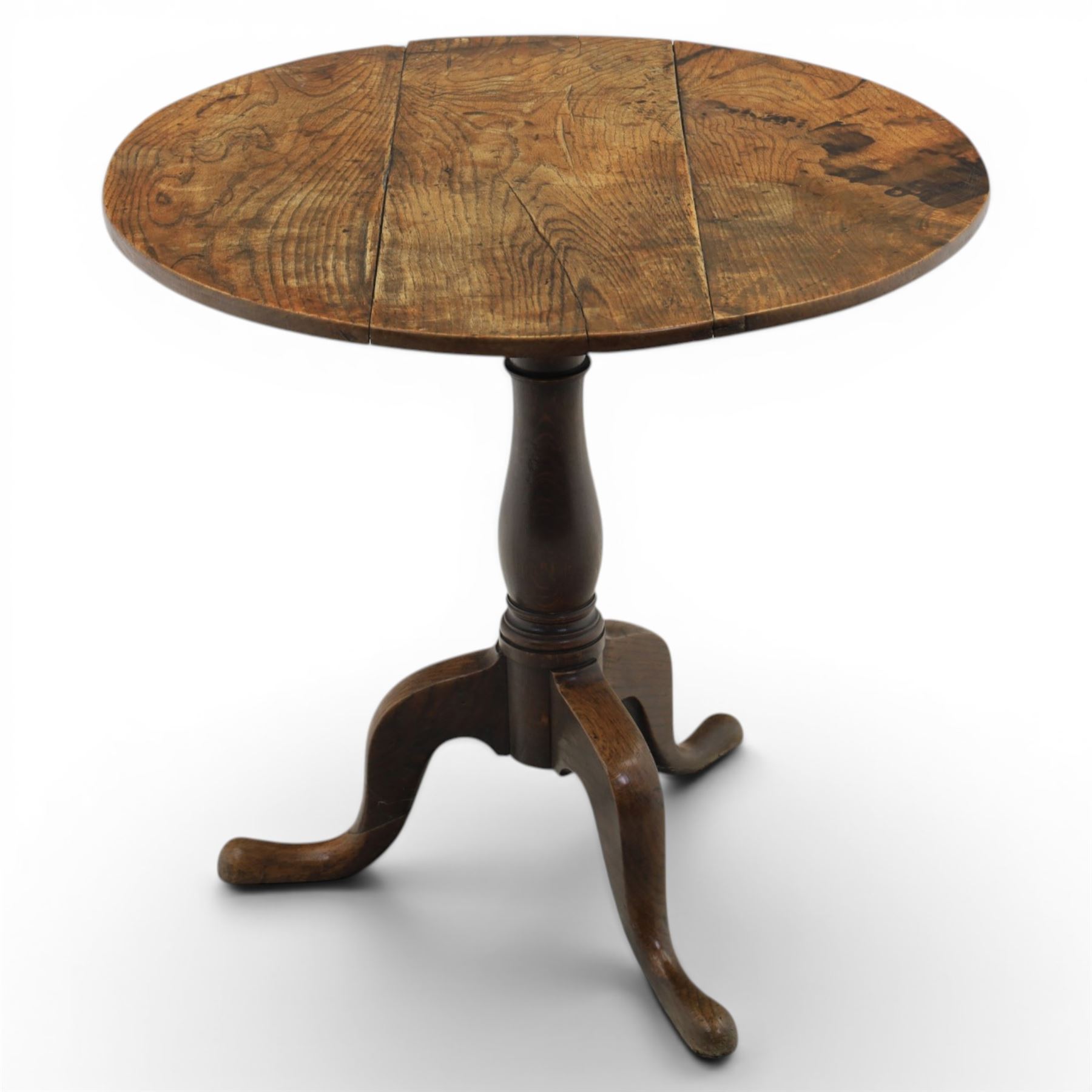 19th century elm tripod table, circular plank top construction tilt-top, raised on a turned column, supported on cabriole legs 
