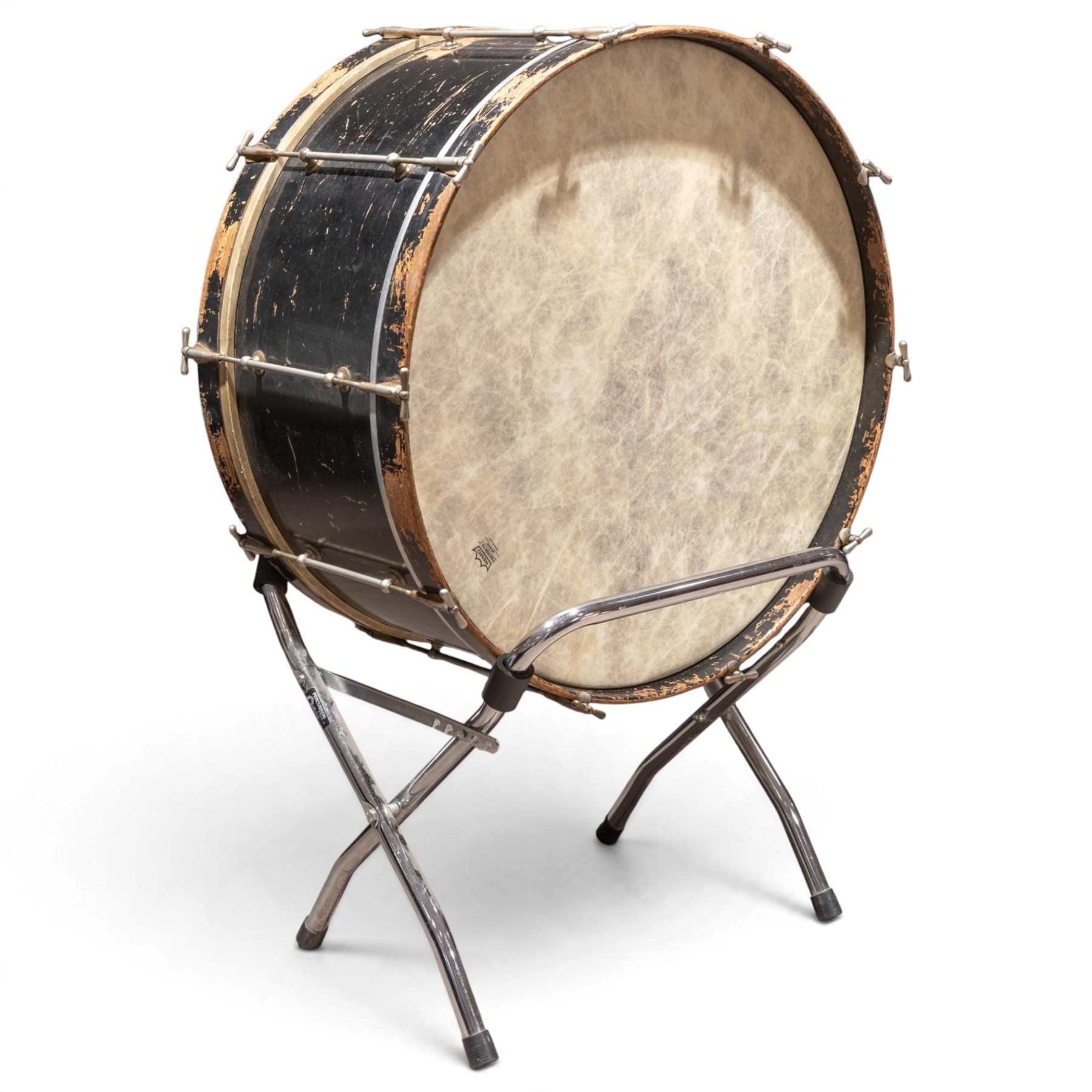 1930s Carlton Standard large concert bass drum, with Remo Fiberskyn 2 head, wooden shell and metal tension rods, on chrome cradle stand, with black hard carry case, D69cm