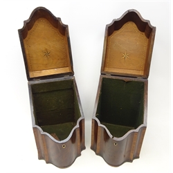  Pair George III figured mahogany knife boxes, each with hinged sloping lid, serpentine front and rosewood crossbanding, H37cm x W23cm   