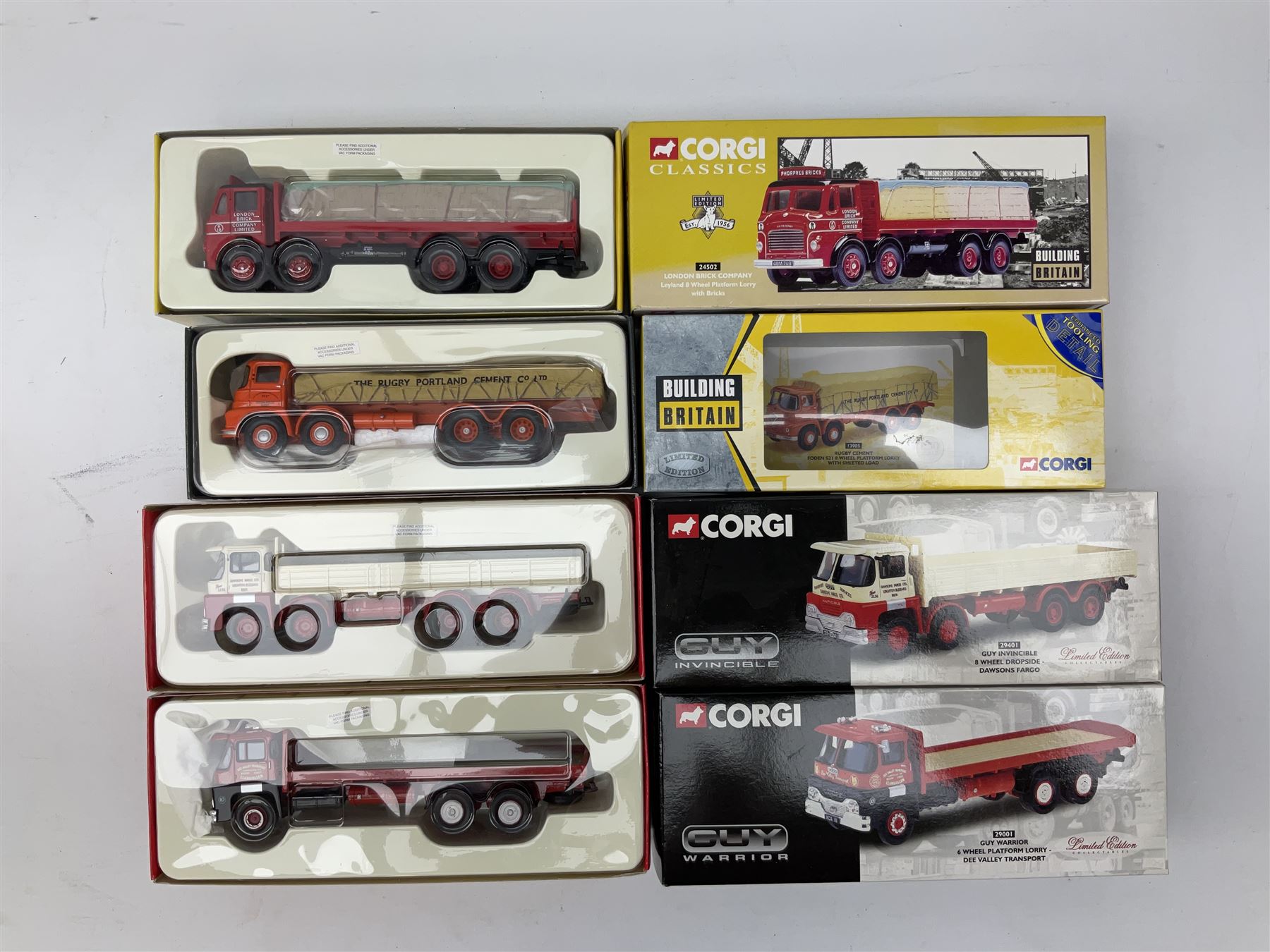 Corgi - nine die-cast commercial vehicles comprising four Building Britain Series 14401, 14501, 13905 and 24502; London Brick Company 26401; three Guy lorries 29001, 29101 & 29401; and BRS Tipper 10201; most limited editions; all boxed (9)