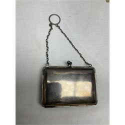 George V silver evening purse, the body of rectangular form with engraved decoration of swags and suspension chain, hallmarked G & C Ltd Birmingham 1918, together with Art Deco black beaded ladies bag (a/f), pair of hallmarked silver cufflinks, hallmarked silver bow brooch, 19th century portable inkwell, Victorian padlock stamped with the crown VR, etc