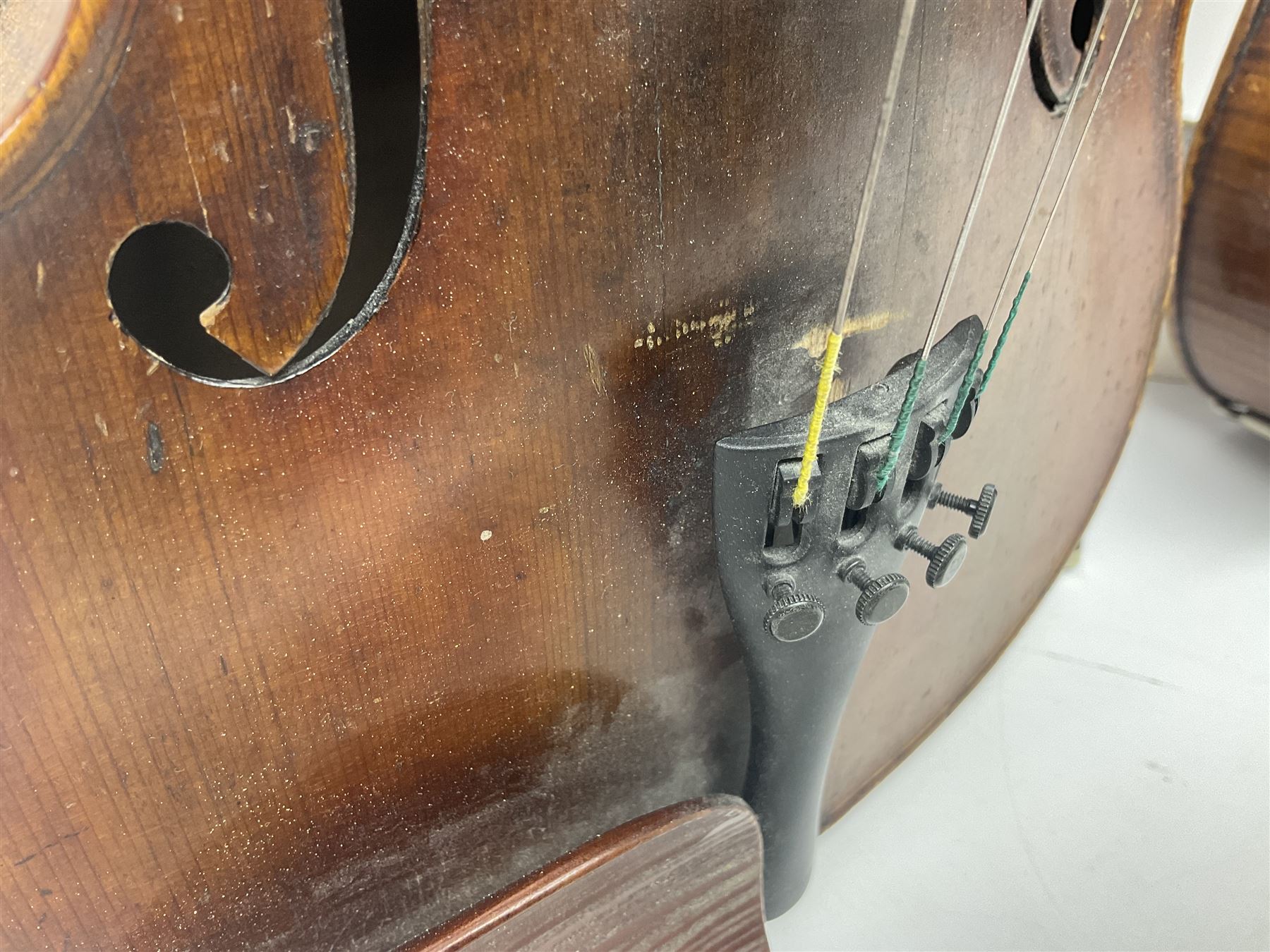 German trade violin in the Steiner style c1900 with 35.5cm two-piece maple back and ribs and spruce top L59cm overall; in fitted carrying case with two bows; and a Saxony violin with 35.5cm one-piece maple back and ribs and spruce top L58.5cm overall (2)