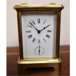  20th century French brass carriage clock, with subsidiary alarm dial, striking on bell, stamped 417, H12cm  