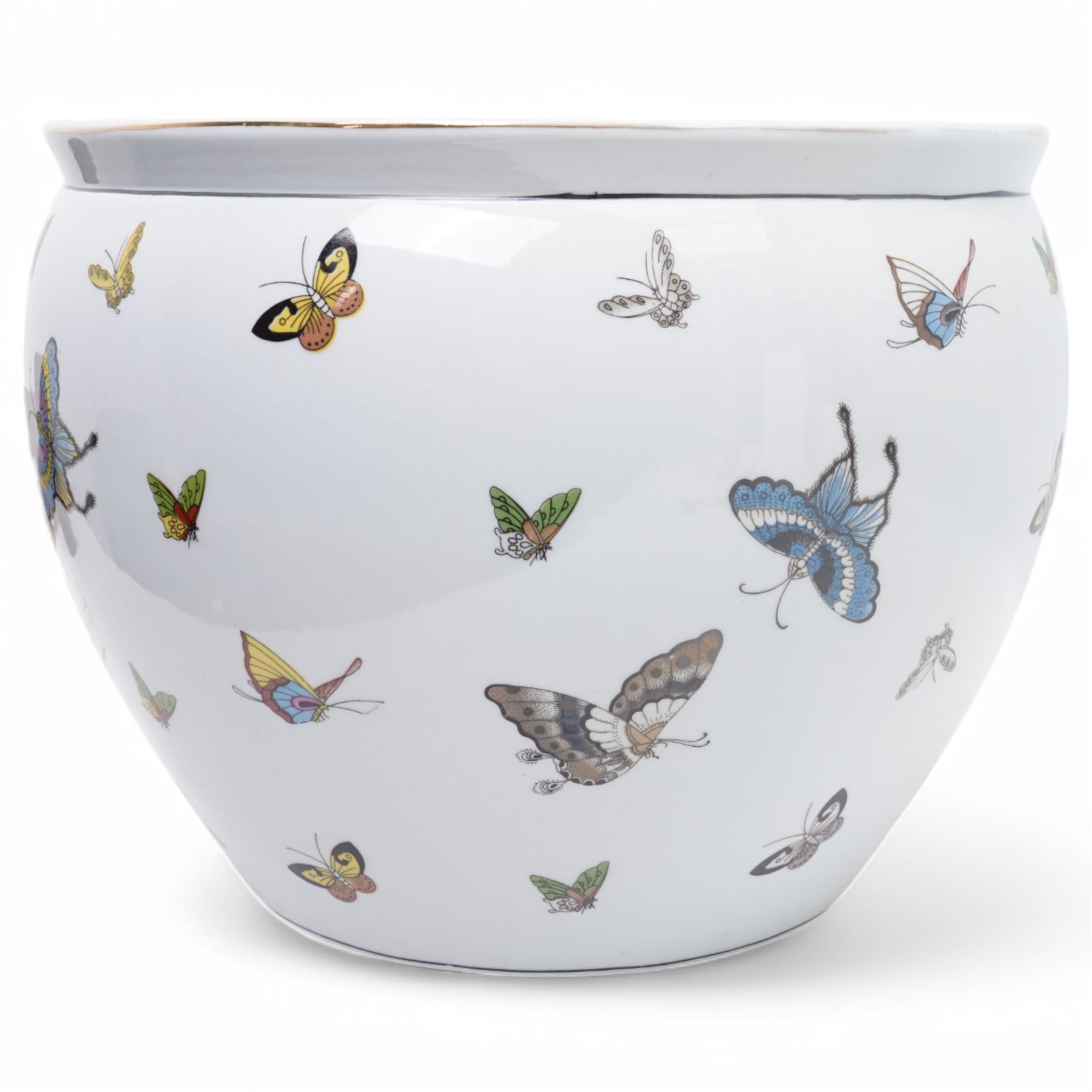 Large 20th century Chinese fish bowl/planter, the interior decorated with goldfish, the exterior with butterflies, D38cm H30cm