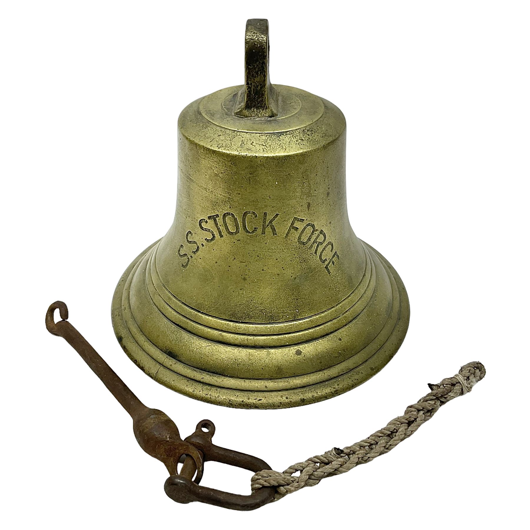 Ship's bell inscribed 'SS Stock Force', the Stock Force later became one of the WW1 'Q' ships and the engines were supplied by Earles Shipbuilders of Hull, H35cm, Notes: The SS Stock Force was built as a small coastal steamship and became HMS Stock FOrce when it was hired by the Royal Navy as a decoy ship (Special Service, Q-ship) in January 1918. She was used in the operation to attack the German submarine UB-80. The Stock Force Captain Commander Harold Auten VC, DSC, RD (22 August 1891 – 3 October 1964) was awarded the Victoria Cross in 1918 following his actions as captain of HMS Stock Force