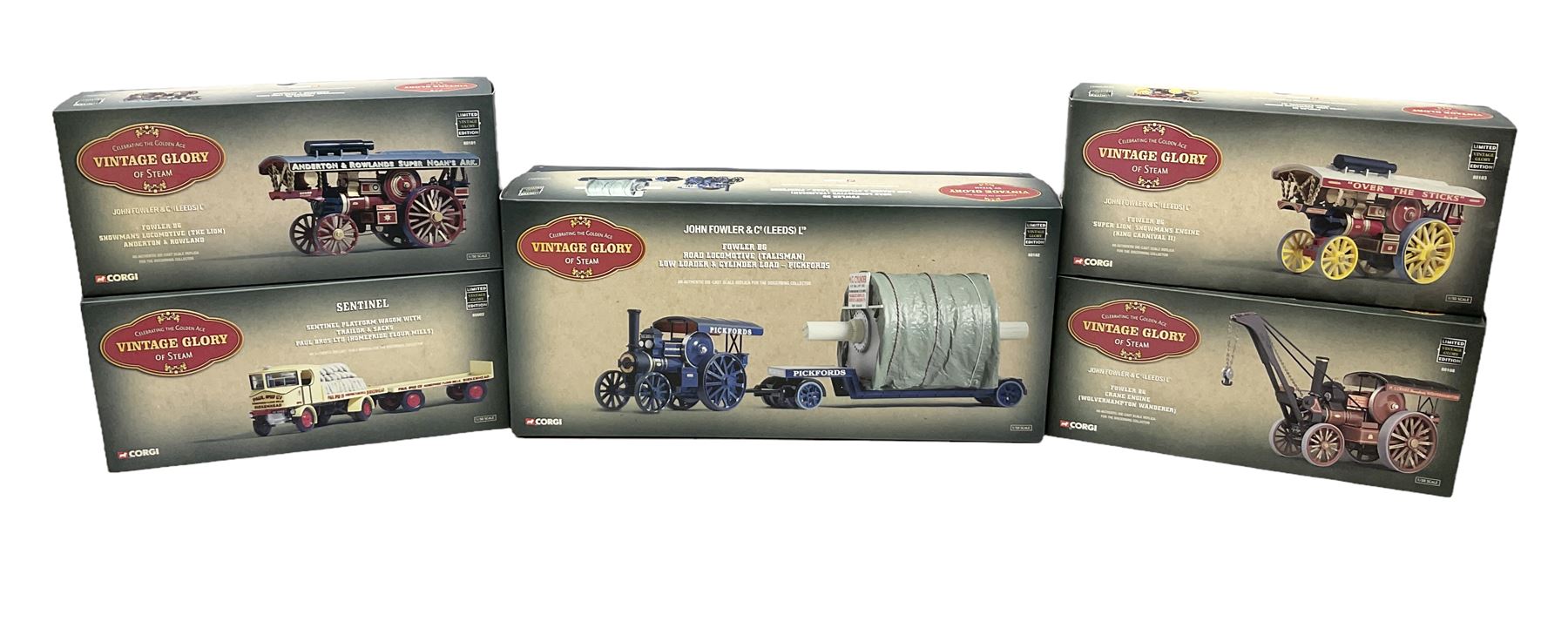 Corgi Vintage Glory - five 1:50 scale die-cast models comprising 80102 Fowler B6 Road Locomotive, Low Loader and Cylinder load; 80101 Fowler B6 Showman's Locomotive; 80103 Fowler B6 'Super Lion' Showman's Engine; 80108 Fowler B6 Crane Engine; and 80002 Sentinel Platform Wagon with Trailer and Sacks; all boxed (5)