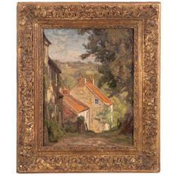 William Edwin Tindall (Scarborough 1863-1938): Street in the Moors, oil on canvas laid on board, inscribed verso 28.5cm x 22cm