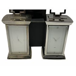 Pair of chrome slim carriage clocks, with handle and front opening to reveal vacant interior, each with personal engraving verso, not including handle H9cm