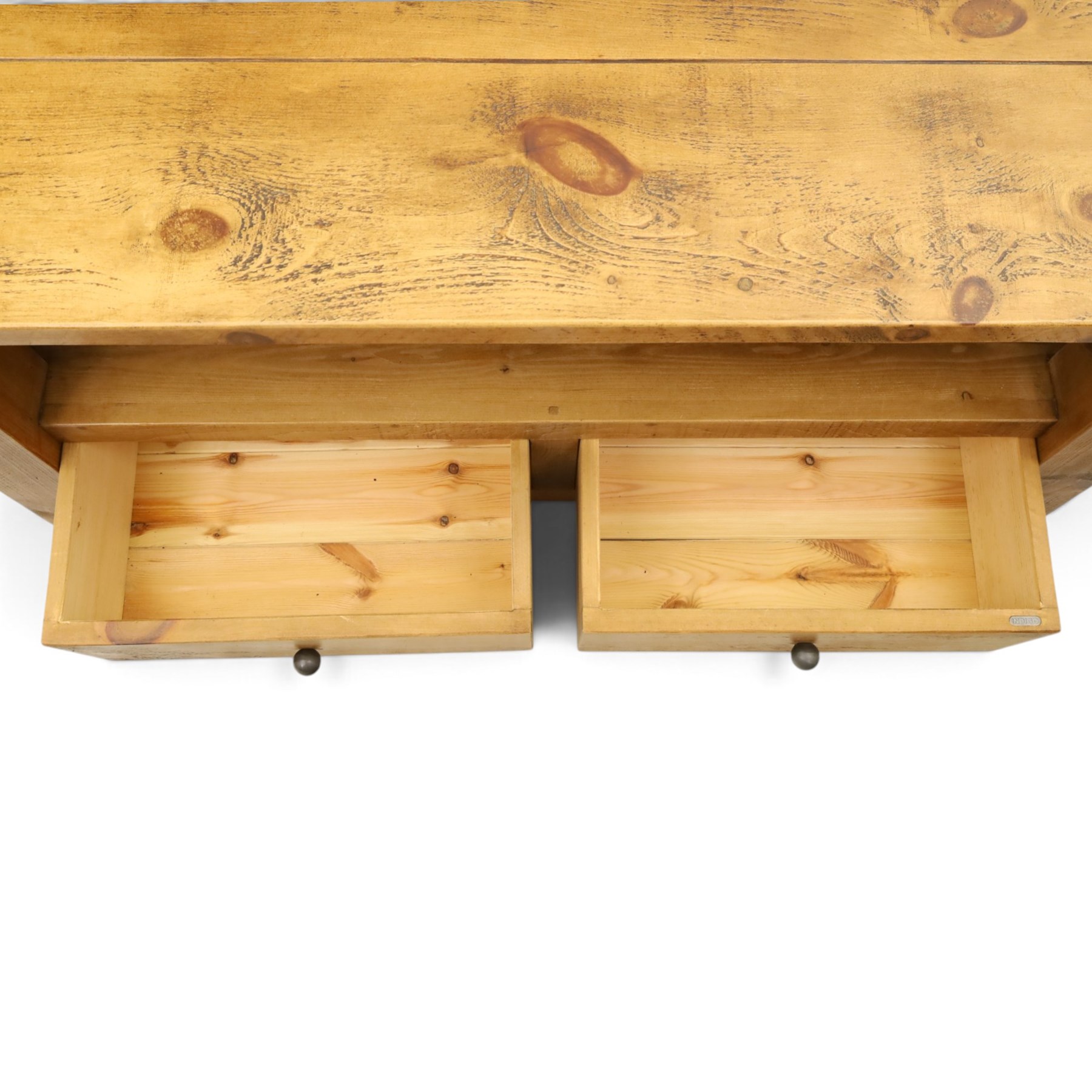 Indigo Furniture - rustic oak media cabinet, rectangular top over open shelf, two drawers fitted to base