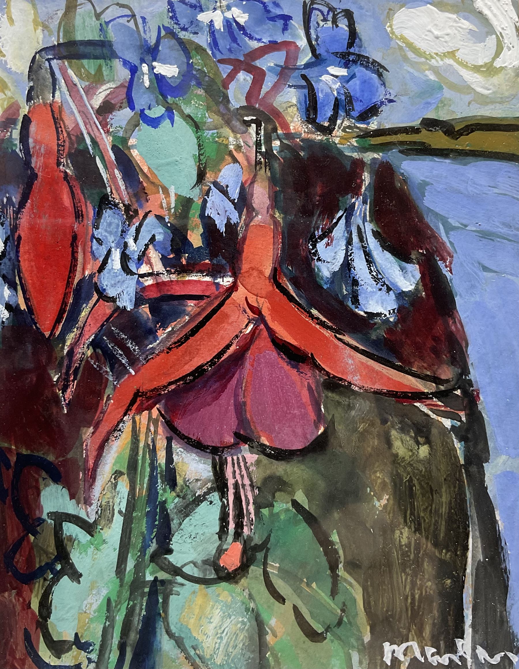 Donald Manson (Scottish 1948-): 'Flowers', gouache signed, artist's 'Renfrewshire' address label verso 14.5cm x 11.5cm
Provenance: with The Open Eye Gallery, Edinburgh, label verso 