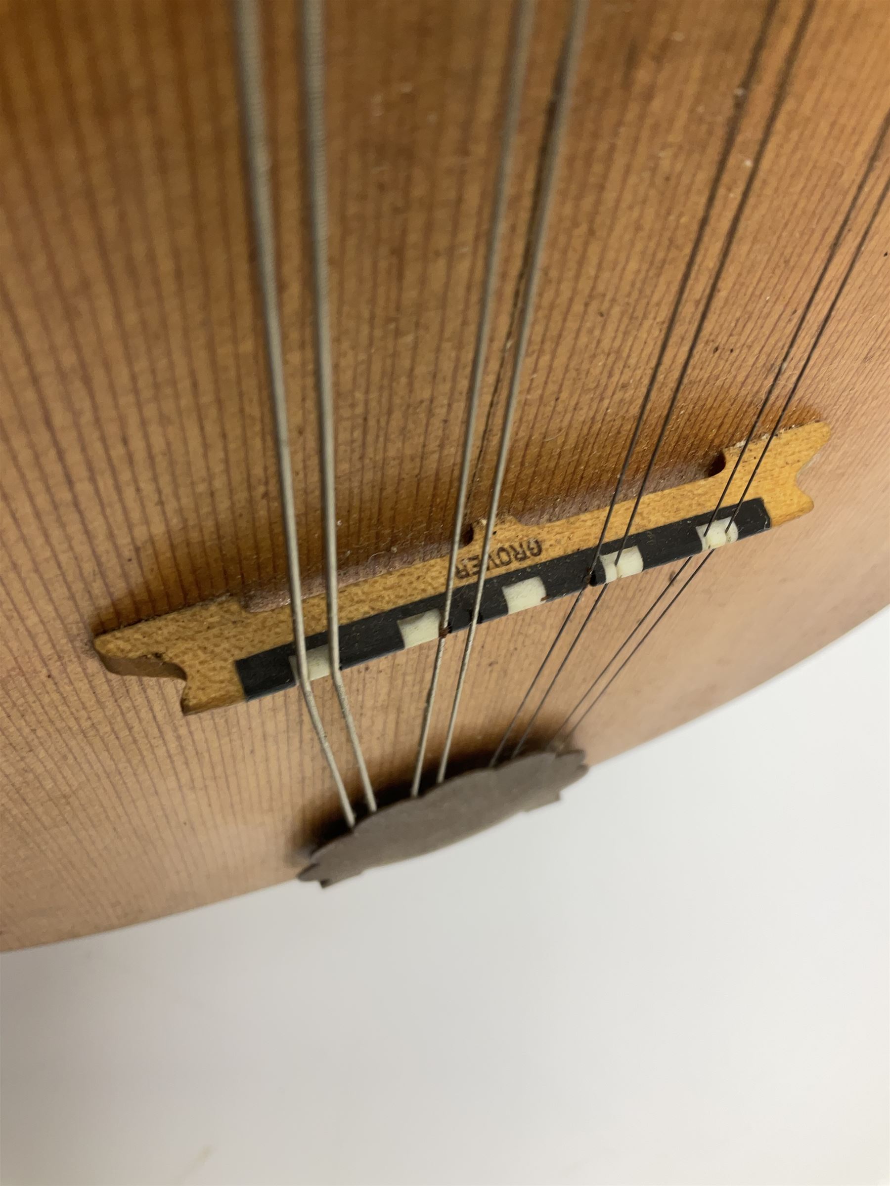 Melody-Uke four-string ukelele banjo, makers plaque to head stock L59cm; and Italian eight-string lute-back mandolin with mahogany stained segmented maple back and spruce top L59cm (2)