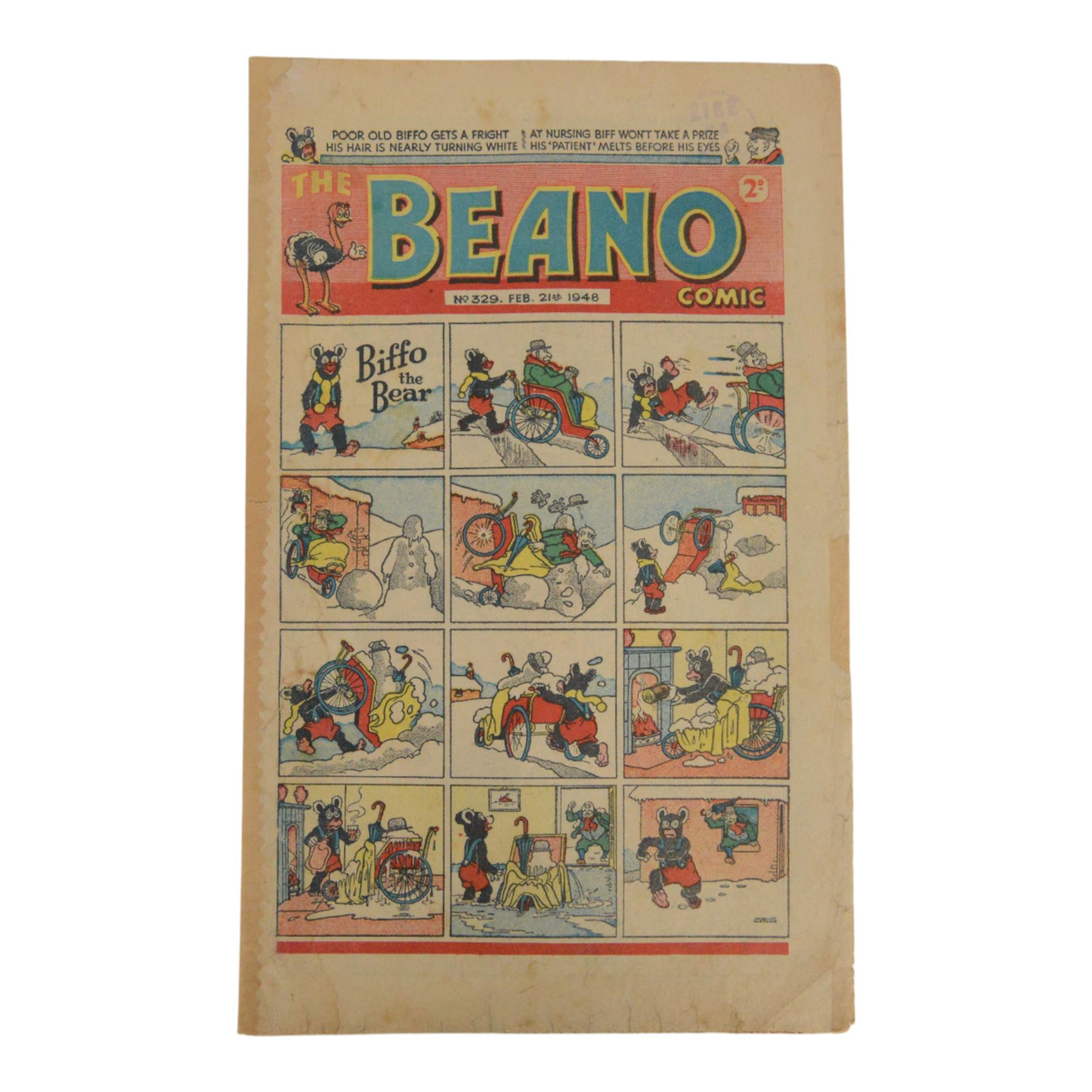 Seven 1940s and 50s The Beano comics, including 1941 issue no.166 propaganda war issue, with Big Eggo black-out cover, 1948 issue no.329, 1949 issue no.368, 1949 issue no.379, 1950 issue no.398,  1950 issue no. 424 and 1954 issue no. 603