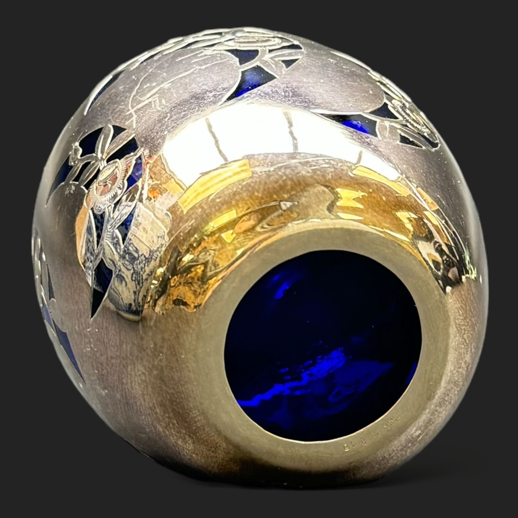 20th century Friedrich Spahr blue glass vase, decorated in silver overlay with stylised flowers in crescent moons, marked Spahr 1000/10, H11cm  