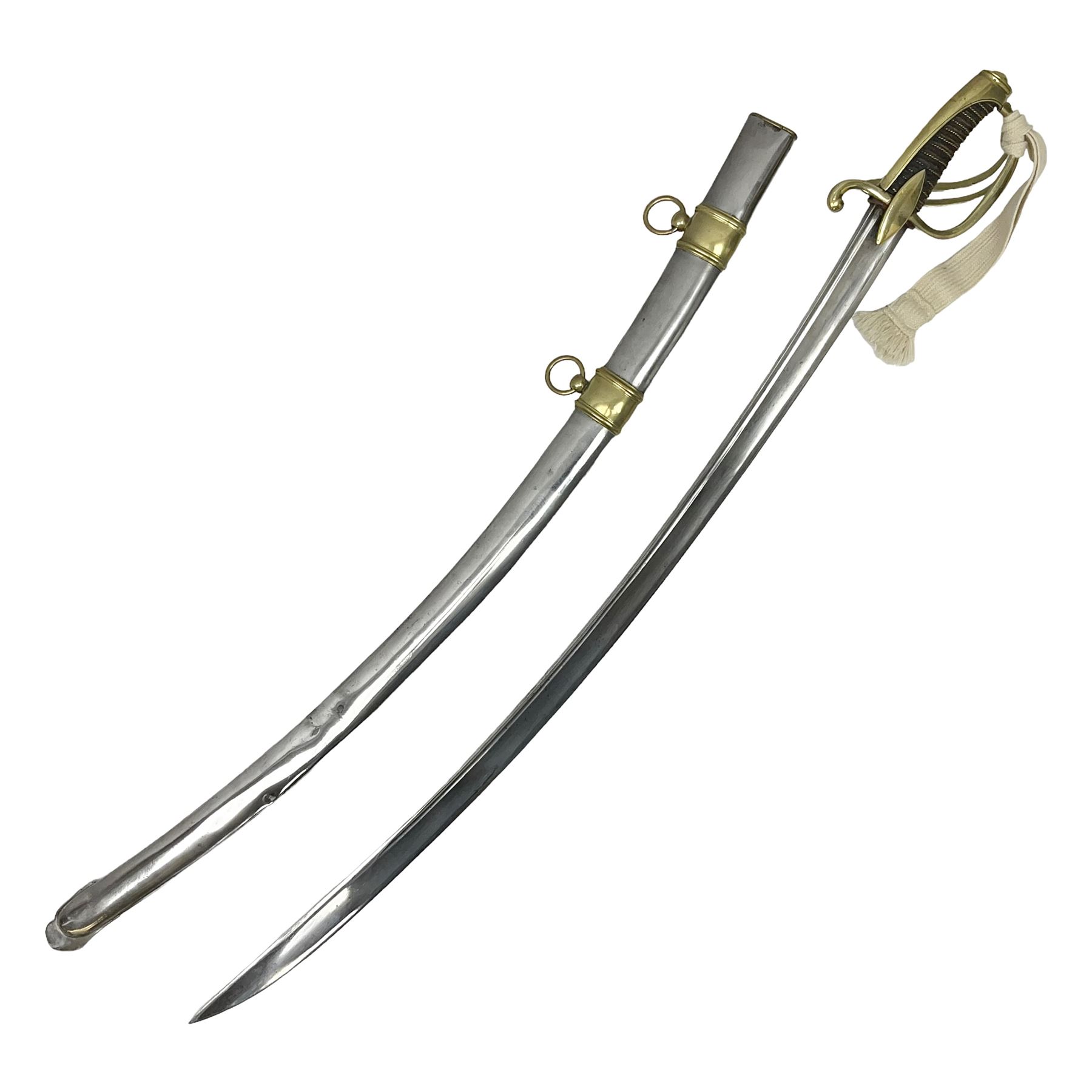 19th century French Chasseur a Cheval de la Guard trooper's sword with 86.5cm slightly curving fullered blade, brass three-bar hilt with elongated elliptical langets and wire-bound leather grip; in polished steel scabbard with two brass suspension rings L104cm overall