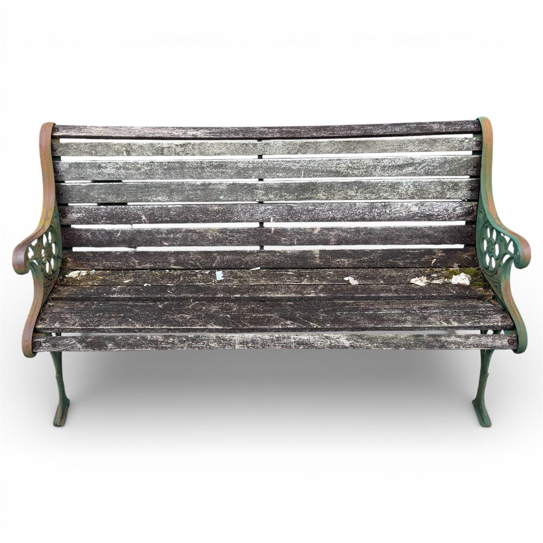 Green cast iron ended wood slat bench