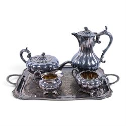 Early 20th century silver plated four piece melon-shaped tea service by James Dixon & Son ...