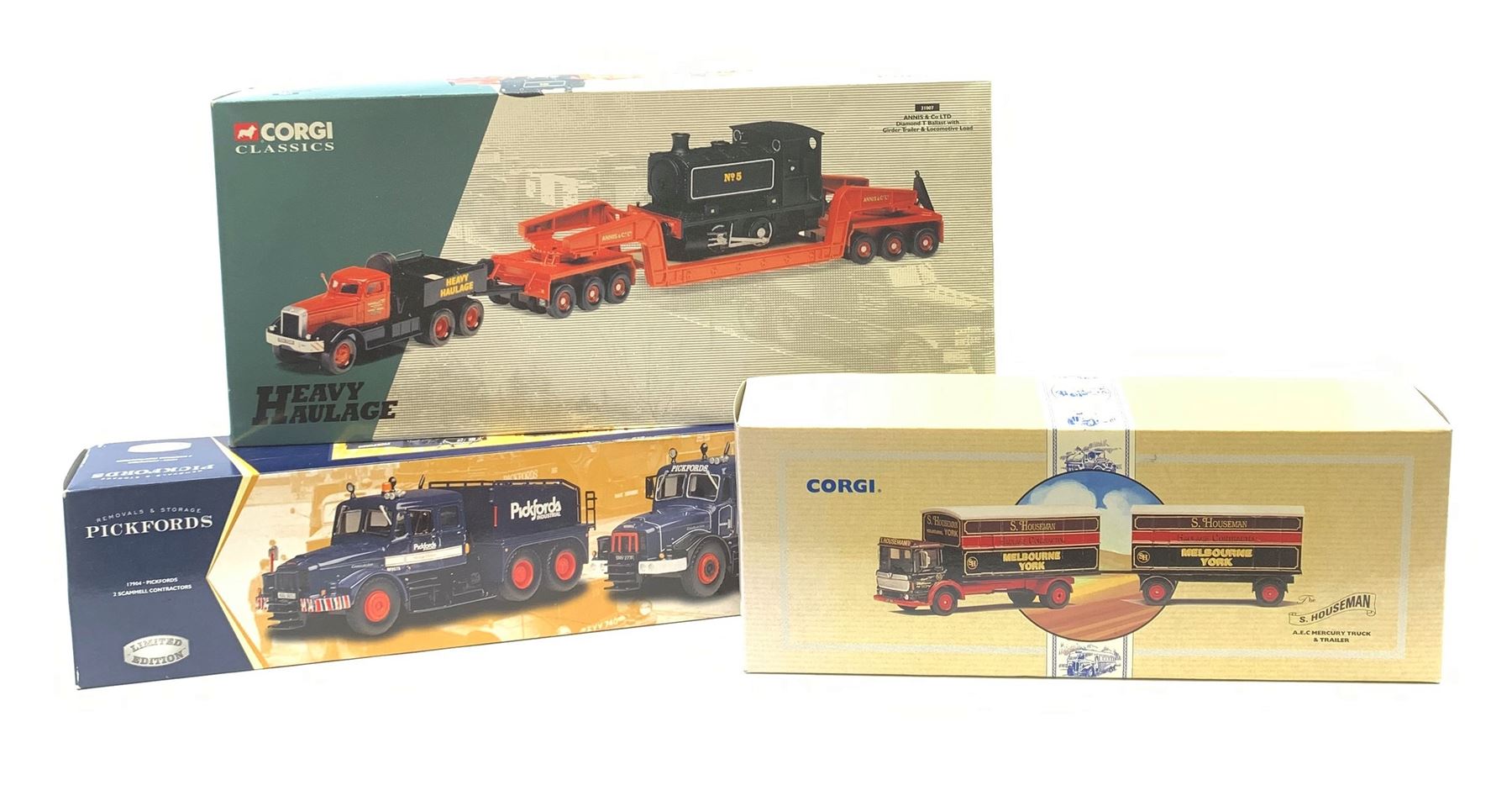 Three Corgi limited edition commercial vehicles - 31007 Heavy Haulage Annis & Co Ltd Diamond T Ballast with Girder Trailer & Locomotive Load No.07770/9400; 17904 Pickfords 2 Scammell Contractors No.3852/5000; and 97892 S. Houseman A.E.C. Mercury Truck & Trailer; all mint and boxed with certificates (3)
