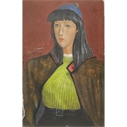 Circle of John Minton (British 1917-1957): Woman with Long Hair and Blue Hat, tempera over gesso on wooden panel unsigned 54cm x 36cm (unframed)