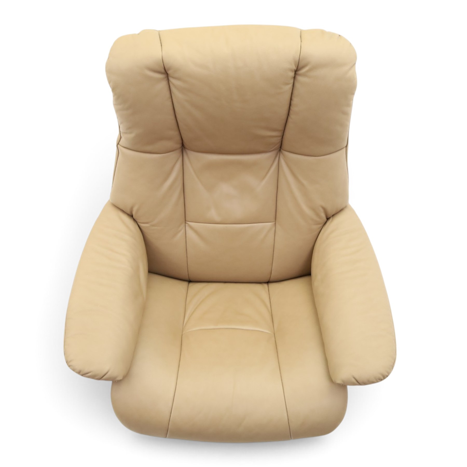 Ekornes Stressless - beech framed reclining swivel armchair with matching footstool, on U-shaped supports with circular bases, upholstered in beige leather
