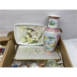 Royal Doulton Greenbrier pattern tea wares, together with a collection of porcelain flowers, Murano style coloured glass bowls, other ceramics and glassware, in four boxes 