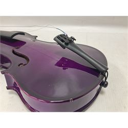 Intermusic 3/4 violin with a violet coloured solid wood body, ebonised fingerboard and fittings, bow and hard case, length 54cm