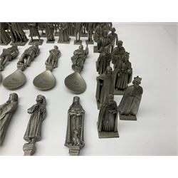Set of forty three miniature Franklin Mint pewter figures of the Kings and Queens of England, with certificate of authenticity and information cards, together with a collection of twenty four Franklin Mint pewter Charles Dickens character spoons