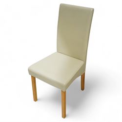 Laura Ashley - contemporary dining suite, comprising square extending oak veneered dining table with fold out leaf, together with four high back dining chairs upholstered in cream faux leather with pale wood legs