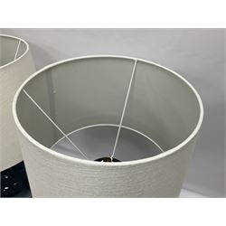 Pair of Chinese teal glazed table lamps, each of bottle form, raised upon circular hardwood bases, including shade H72cm 