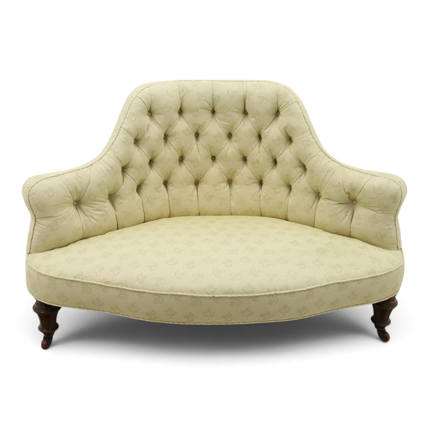 Victorian mahogany frame parlour settee, in back-buttoned ivory fabric