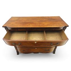 19th century mahogany bow fronted chest, the moulded top over four long cock-beaded drawers with brass swan neck handles and shield shaped bone escutcheons, flanked by reeded uprights, raised upon shaped bracket feet