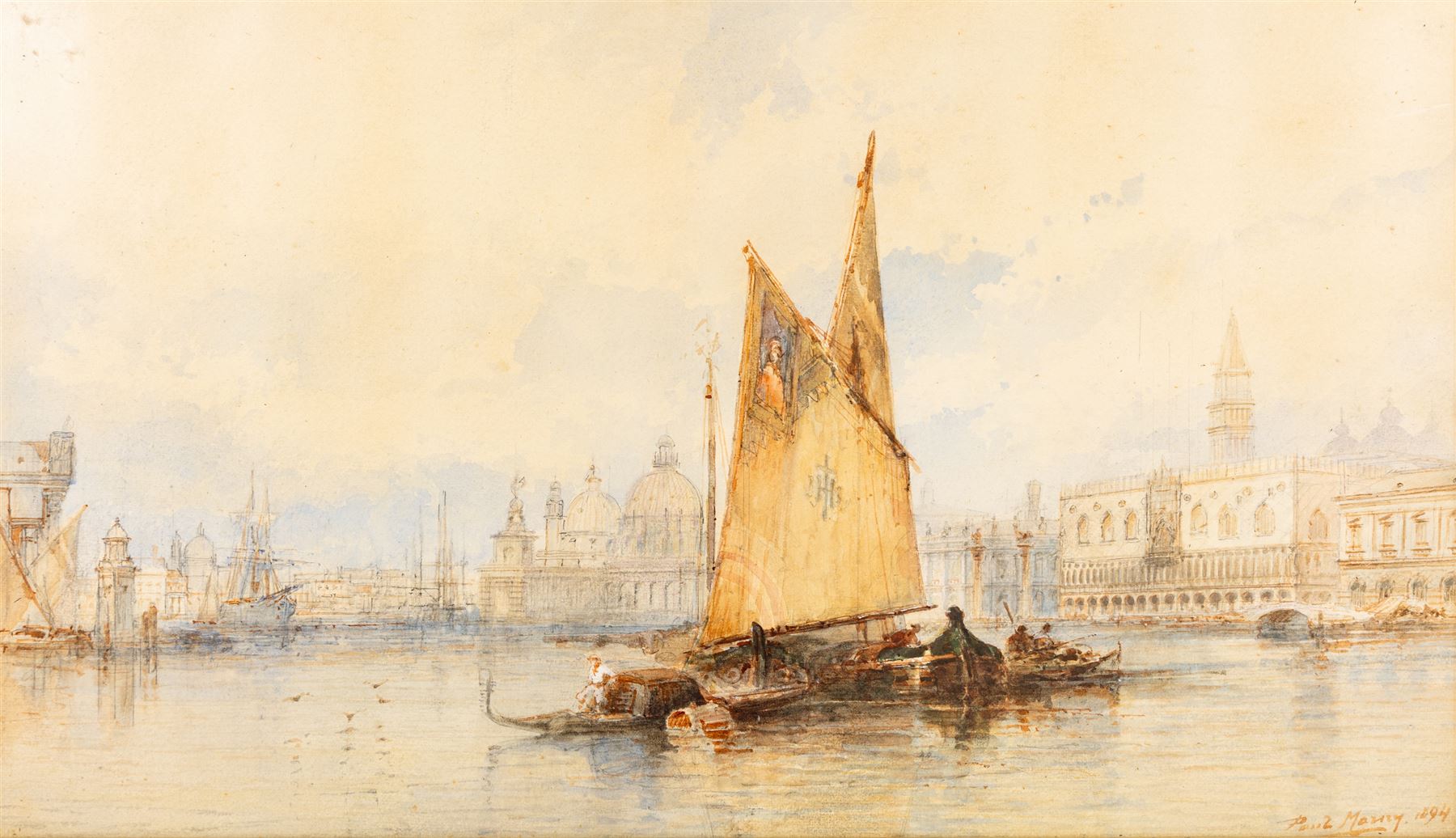 Paul Marny (French/British 1829-1914): Doge's Palace and The Basilica from the Grand Canal - Venice, watercolour signed and dated 1894, 37cm x 65cm