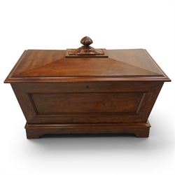 Thomas & George Seddon (1815-1870) - Pair of mid-19th mahogany cellarettes of sarcophagus form, the hinged and panelled top surmounted by a gadrooned and lappet carved knop, surrounded by a moulded edge, enclosing a lead lined wine cooler interior to one, the other paper lined, lower moulded edge over bracket feet and castors