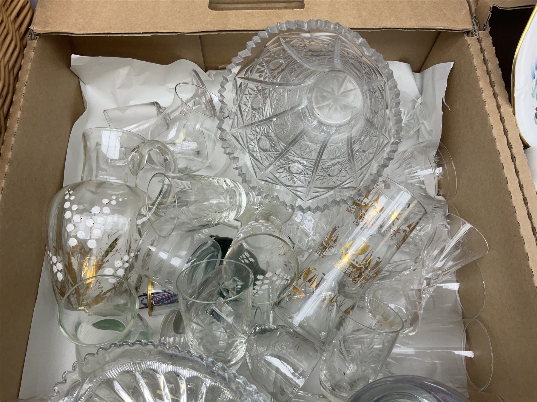 Set of four contemporary Mosa Holland tiles, three further tiles, Grayshott pottery clock, motto ware teacup and saucer, jug and mug, Royal Albert Old Country Roses, Chinese mud men figures, Spode etc and Quantity of ceramics and glassware to include art glass vase, Royal Grafton, Royal Doulton and Colclough dinner wares, Poole, copper lustre, vases etc in six boxes