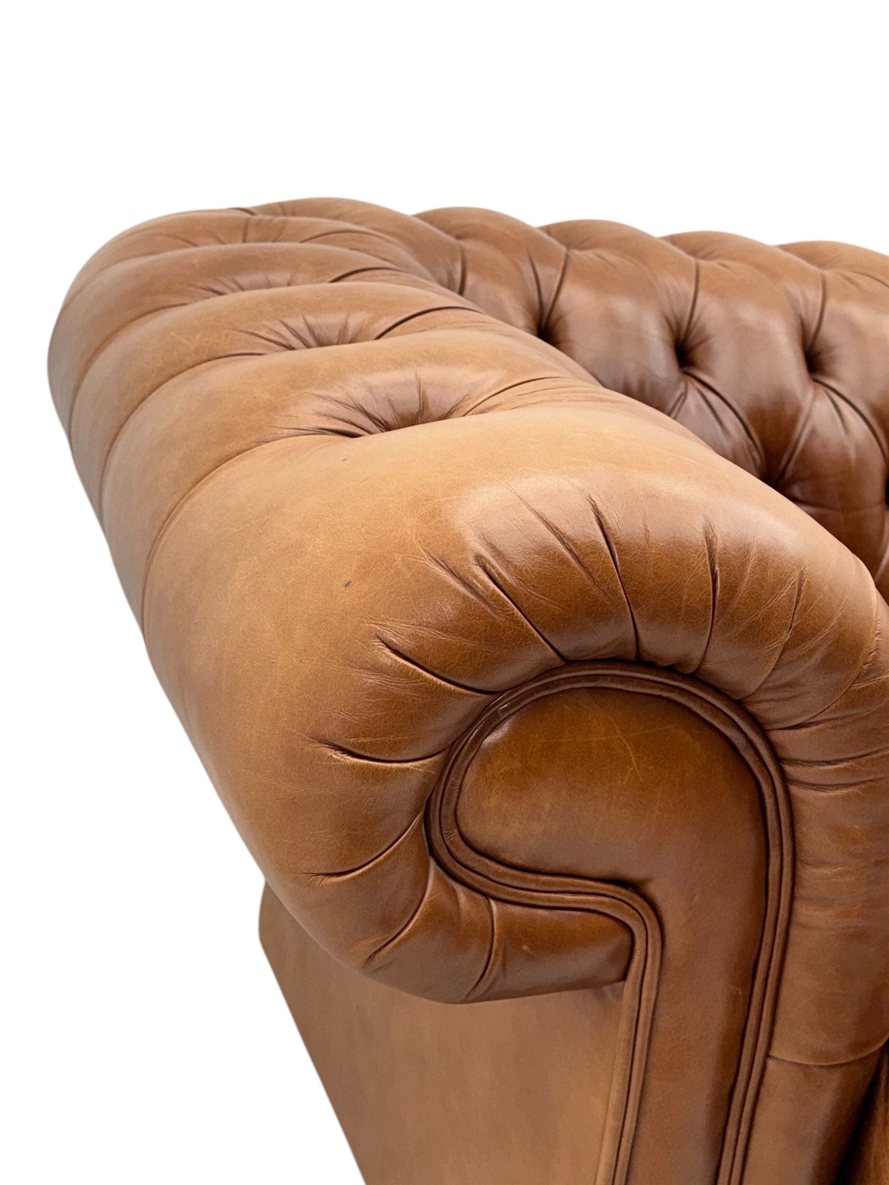 Springvale - large Chesterfield sofa, upholstered in buttoned tan leather, two cushion deep seat, turned bun feet
