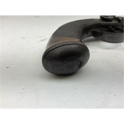 Early 19c percussion double barrel Howdah pistol by J. Blisset London, c1840s, approximately 50 calibre, 10.5cm octagonal monobloc barrels with captive swivel ramrod under, finely chequered walnut stock, engraved hammers, lock plates, tang and trigger guard, butt plate with hinged cap compartment, vacant white metal oval escutcheon L25.5cm overall