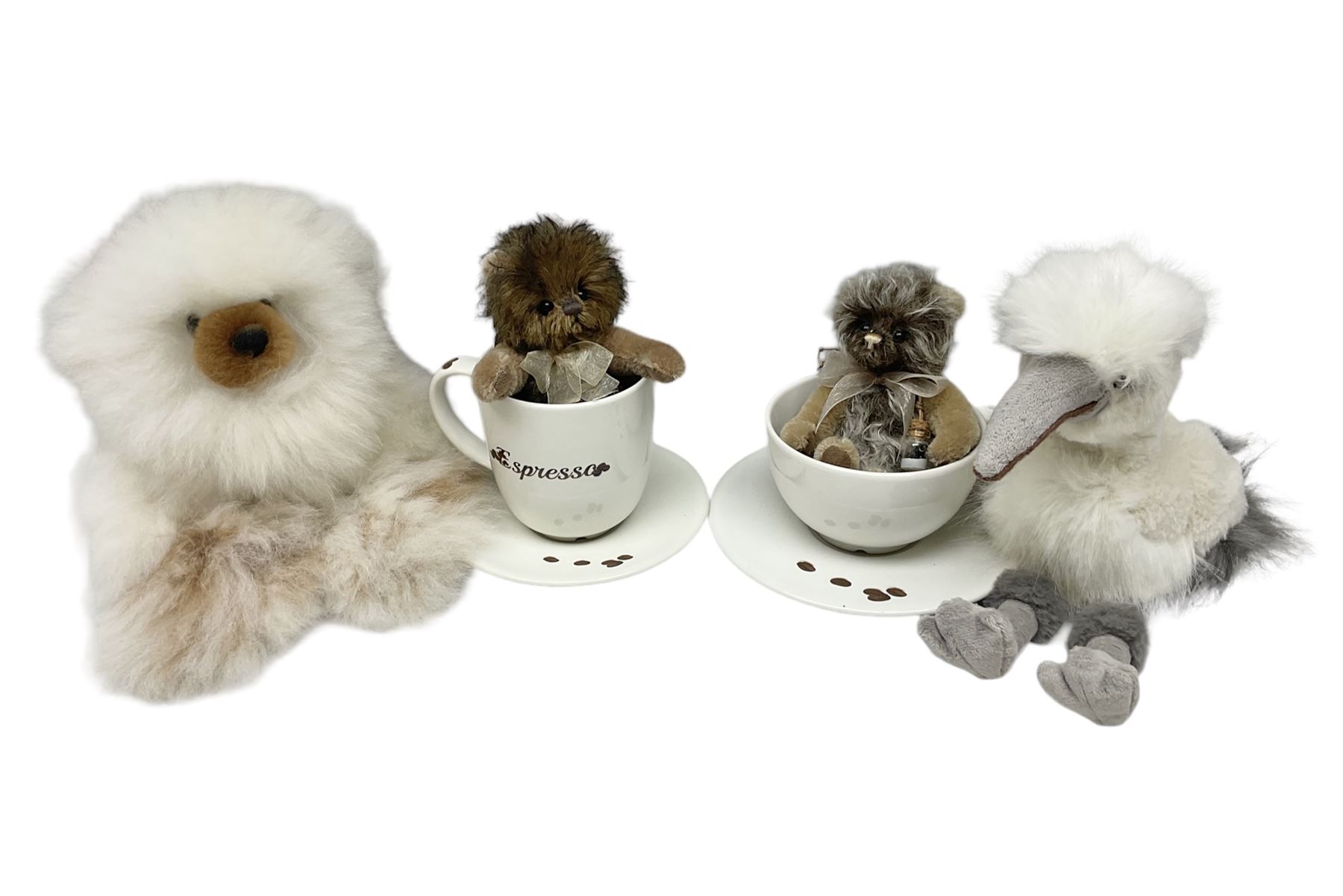 Charlie Bears - limited edition Minimo Collection 'Cappuccino' No.184/1000 and 'Espresso' No.21/1000; each with labels and complete with purpose made ceramic cups and saucers; Bearhouse emu; and Alpaca Collection teddy bear No.5800S (4)