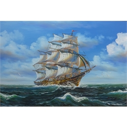  Sailing Ship at Sea, 20th century oil on canvas signed Ambrose 50cm x 75cm and Rural Farmhouses, two oils on board signed D Jones 22cm x 30cm (3)  