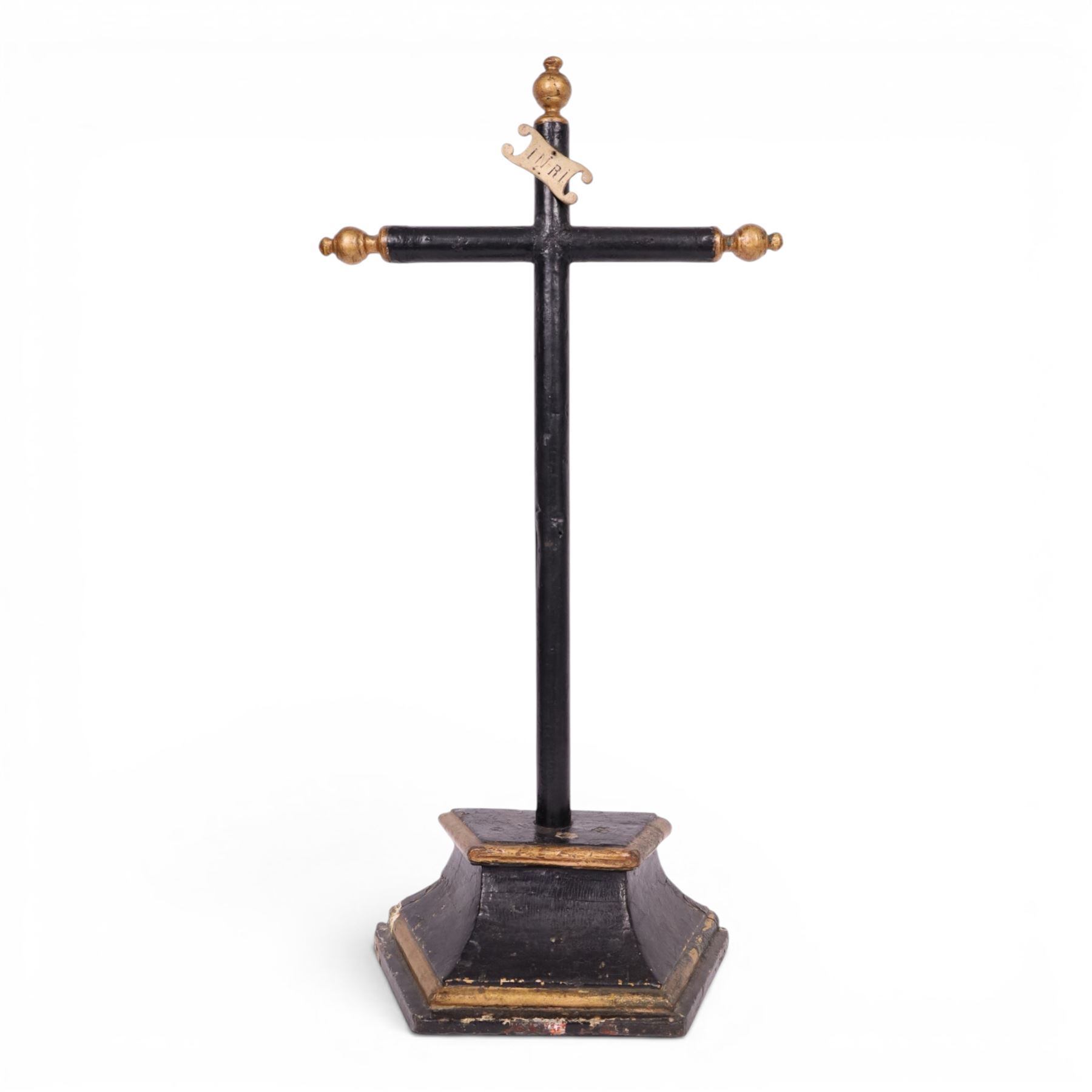 19th century black lacquered crucifix, with gilt detail upon a stepped base, H88cm   
