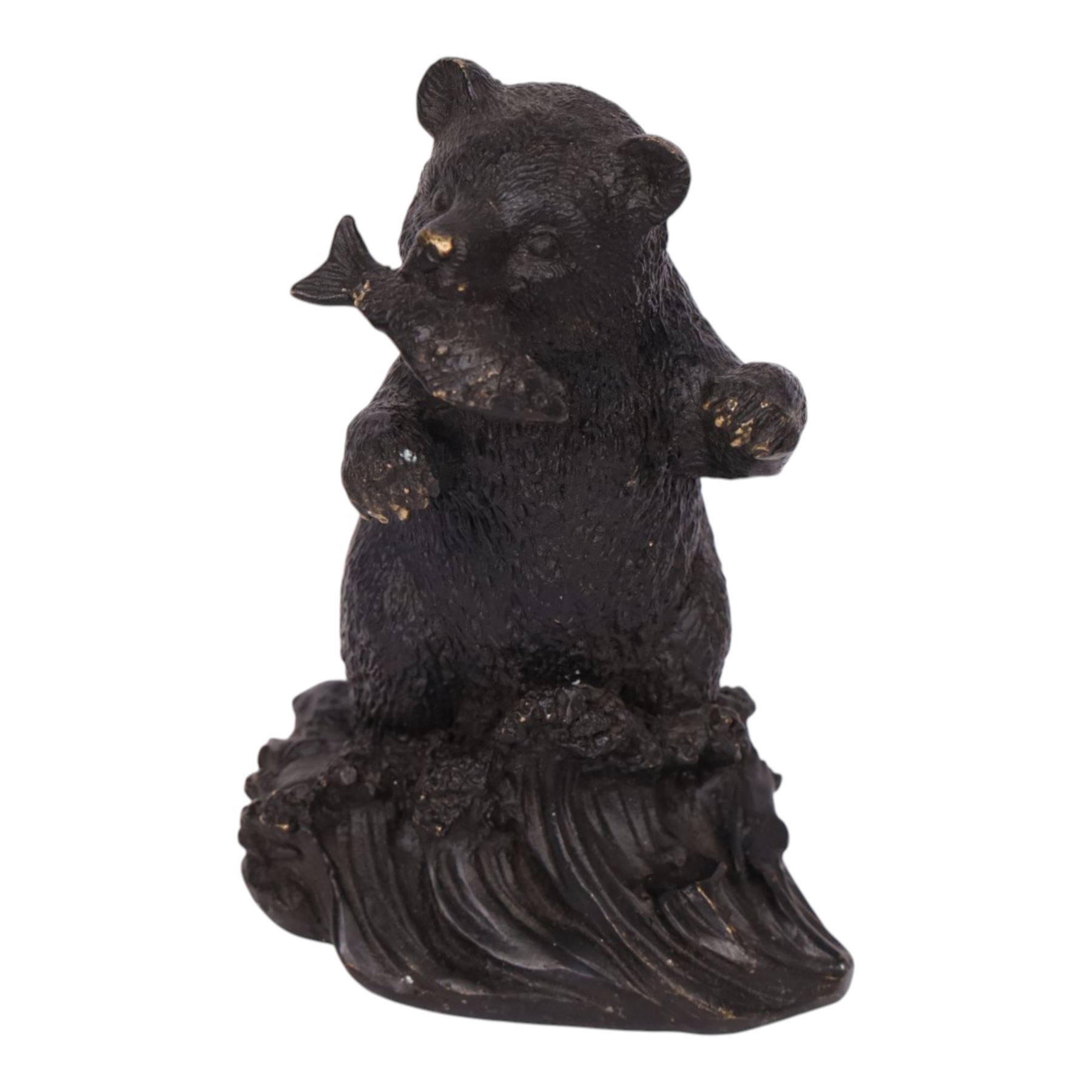 Bronze bear, upon a naturalistic base, with a fish in mouth, H17cm